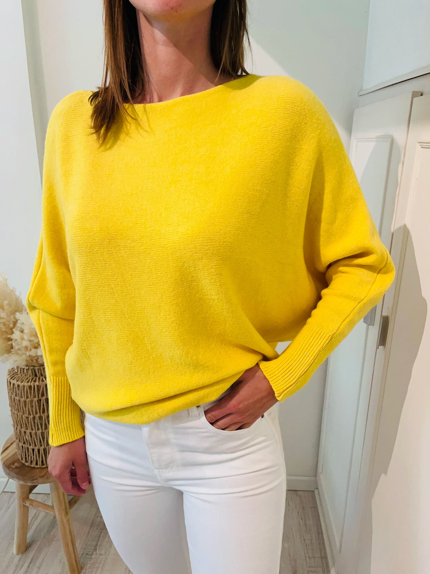 Pull cachemire jaune manches chauve-souris