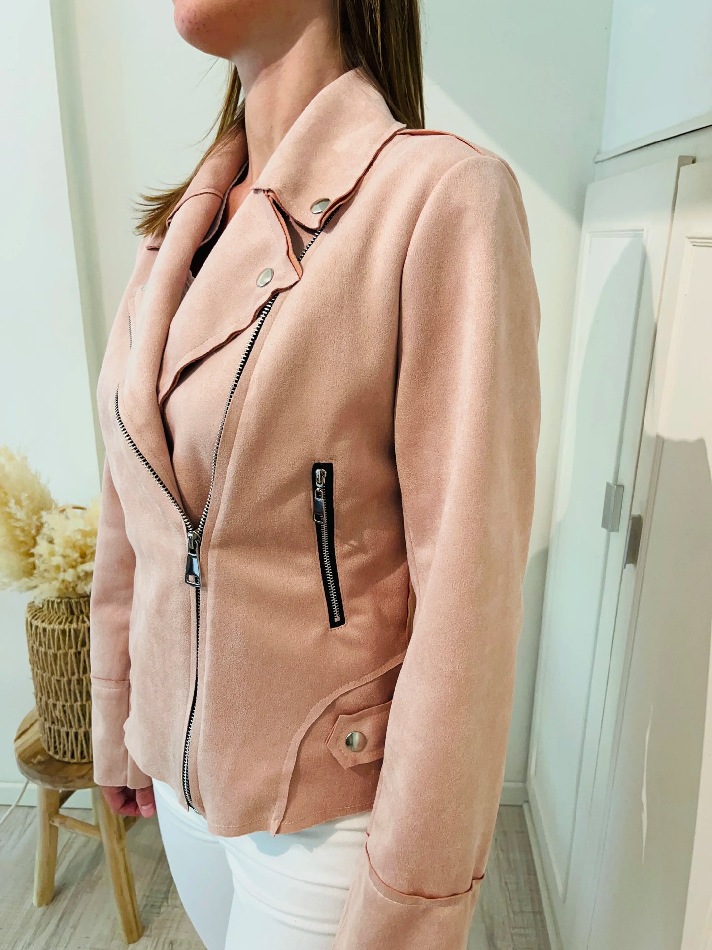 Veste perfecto en suédine rose