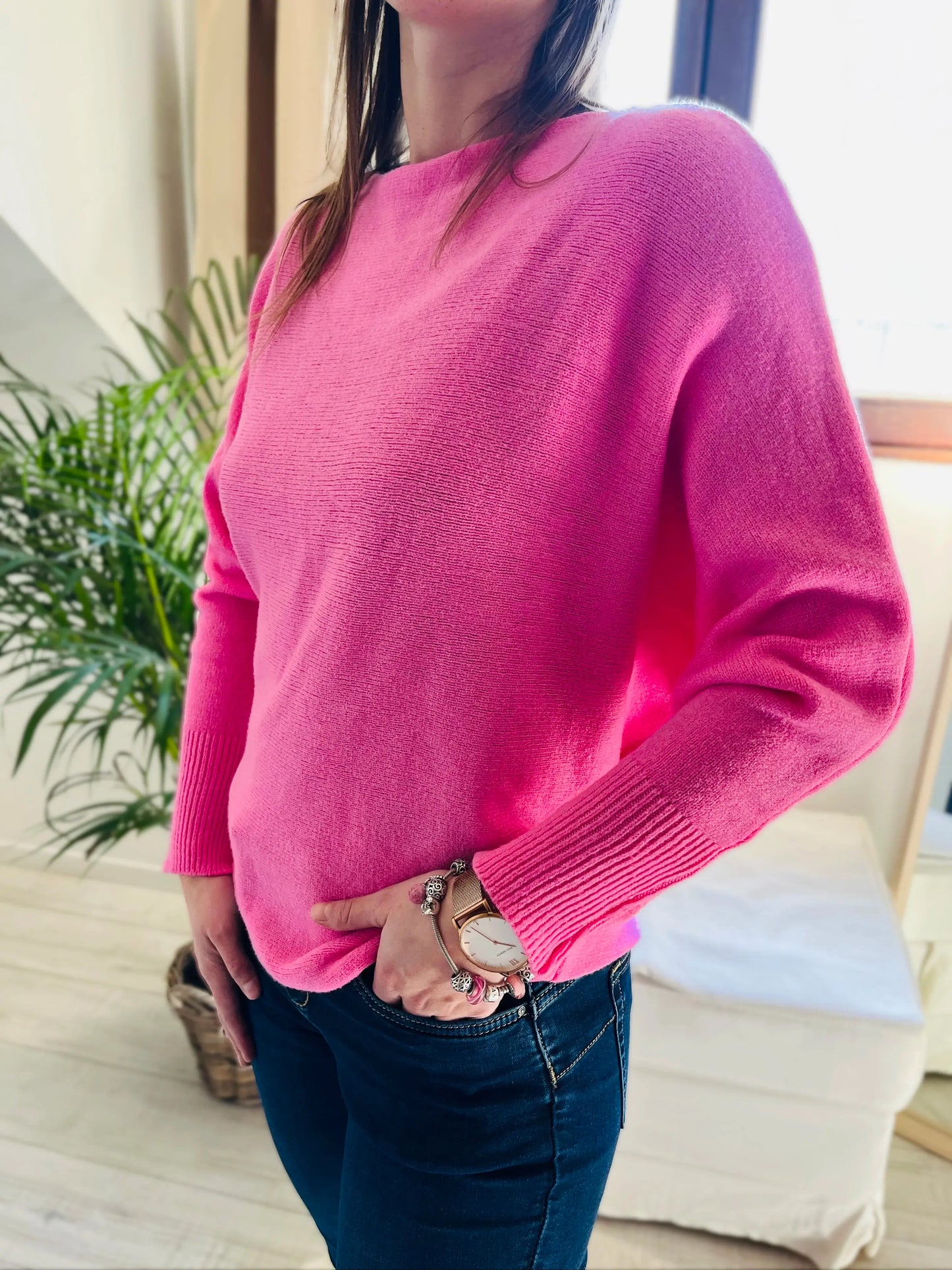 Pull fushia manches chauve-souris cachemire