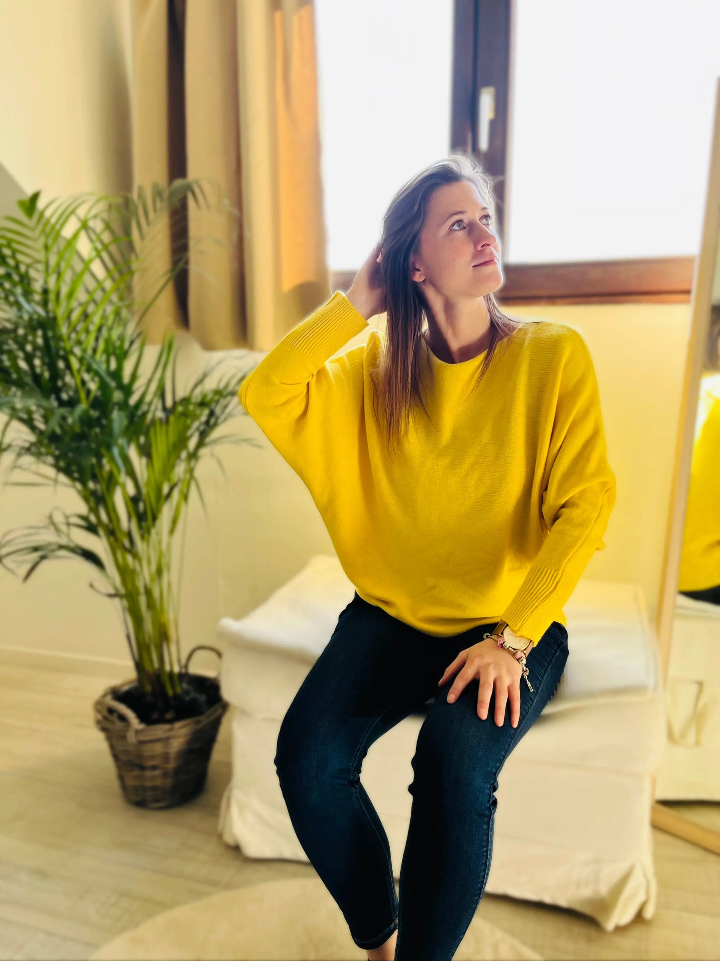 Pull jaune manches chauve-souris cachemire