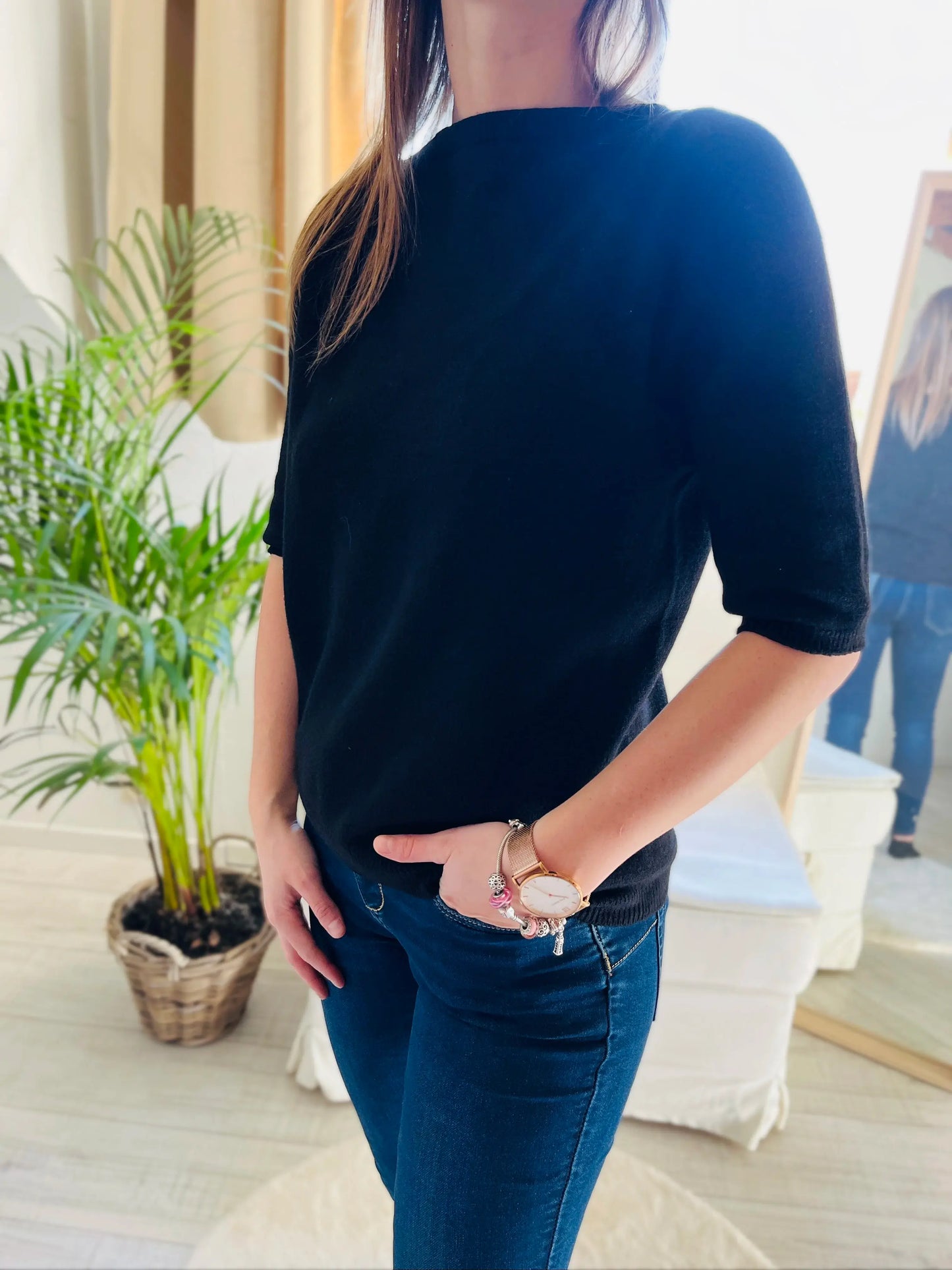 Pull noir manches courtes en Cachemire