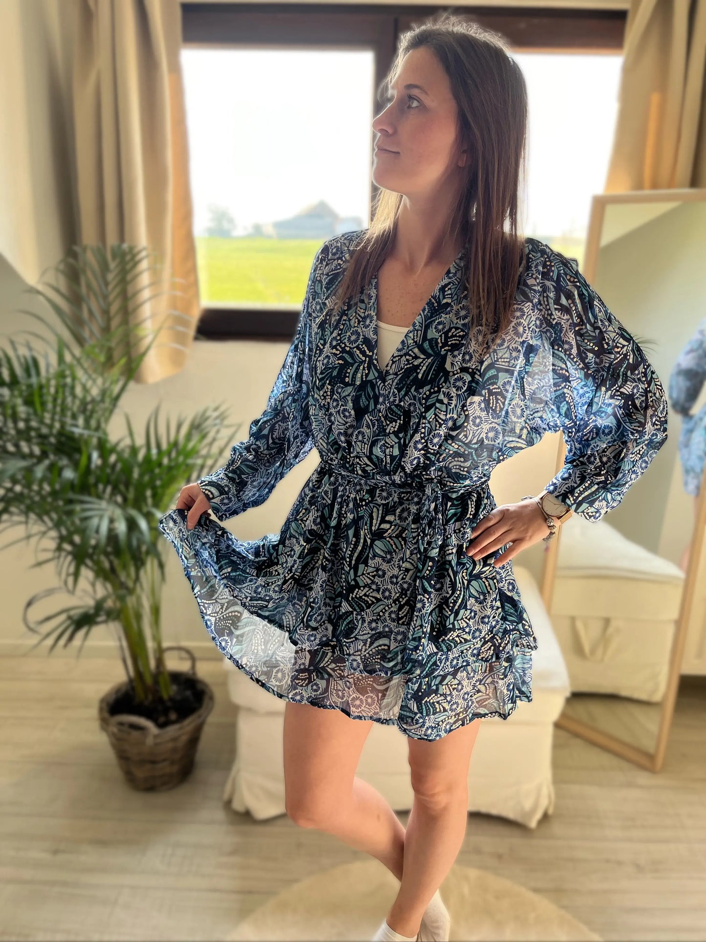 Robe fluide imprimée bleu & doré