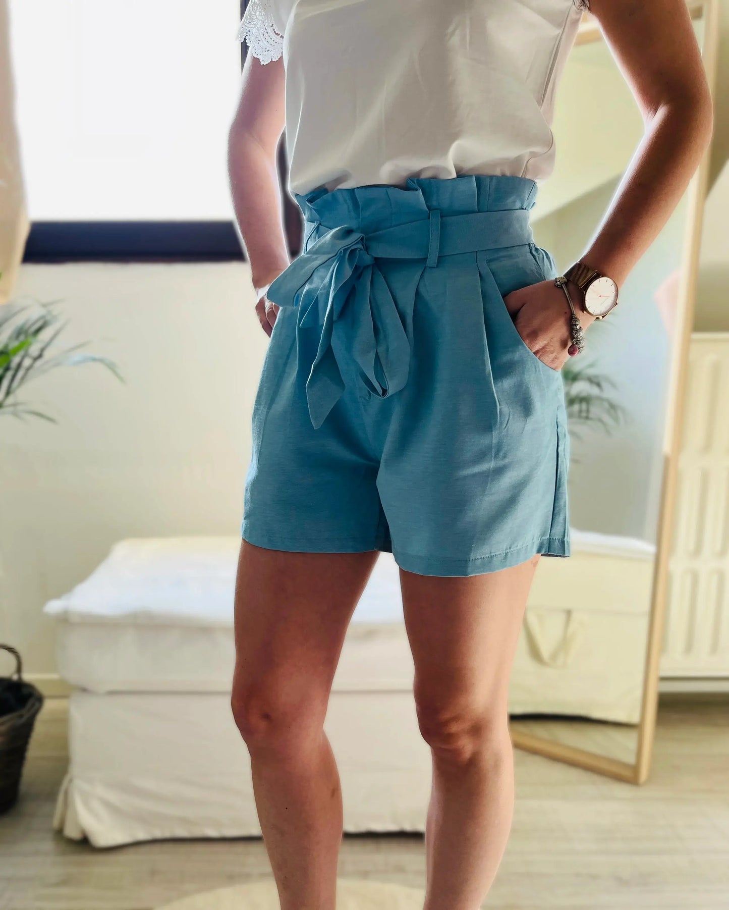 Short paperbag bleu en coton