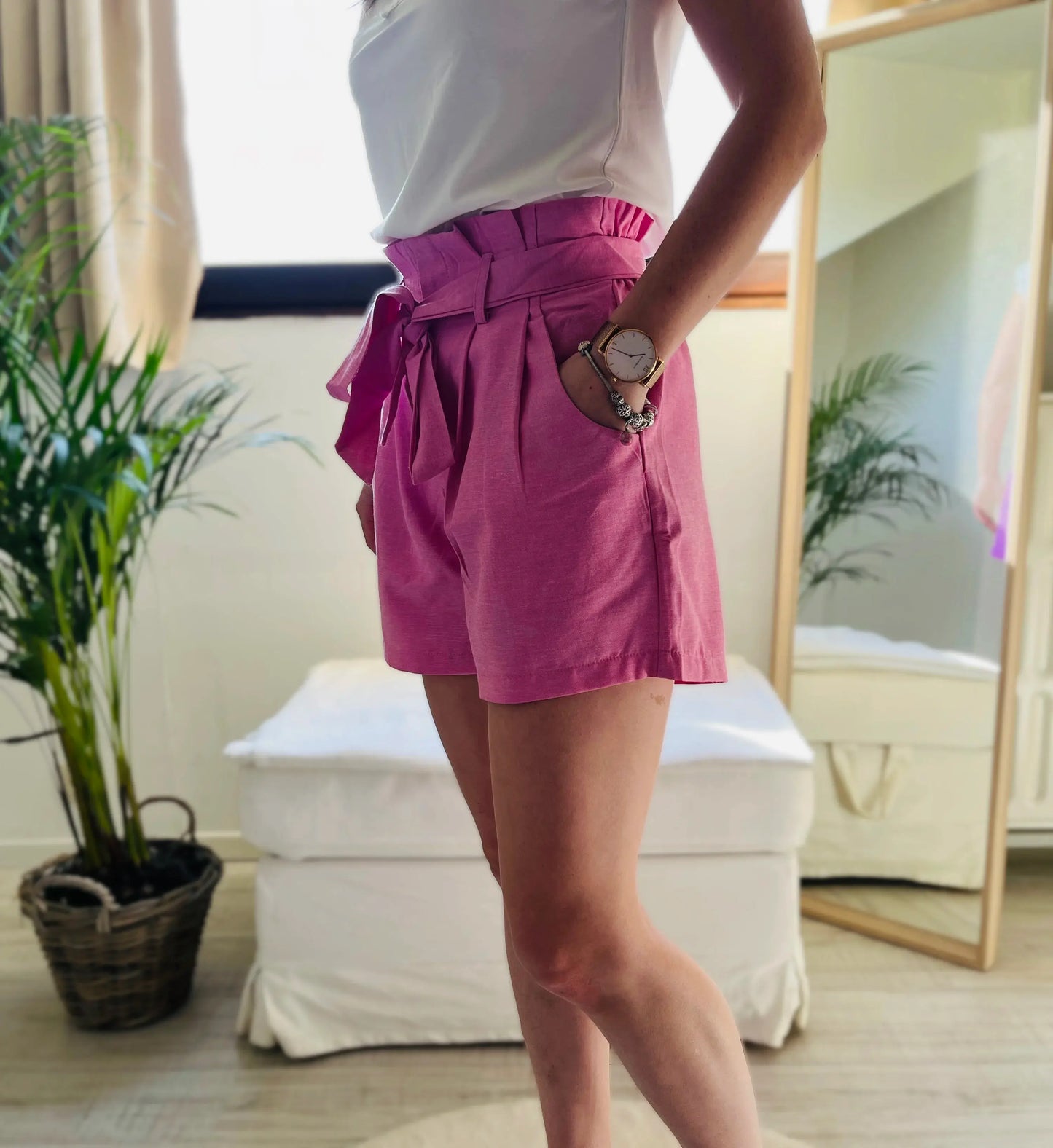 Short taille haute paperbag en coton