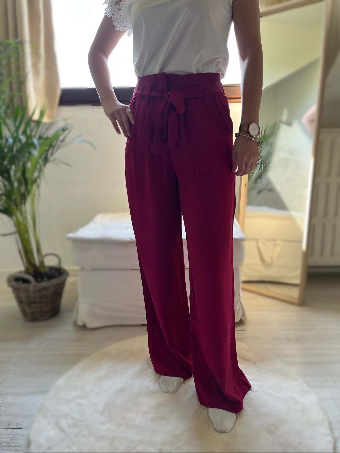 Pantalon prune fluide avec ceinture