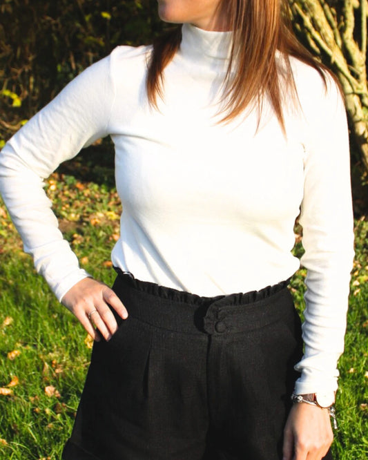 T-shirt femme col roulé blanc en jersey doux, coupe ajustée – Le P’tit Détail