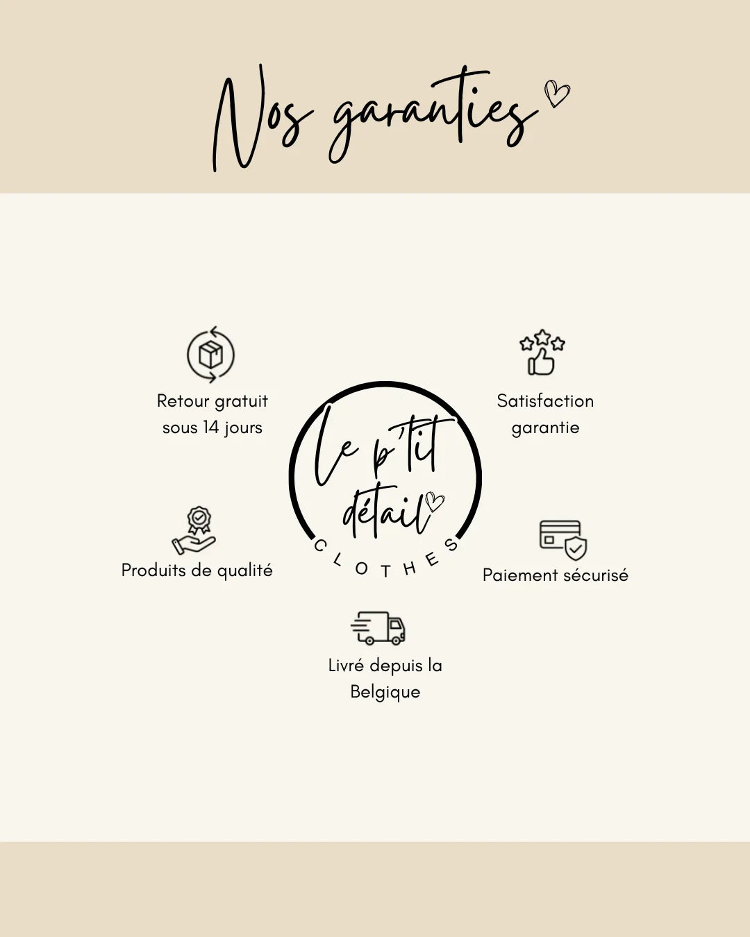 Avantages de la boutique Le P’tit Détail : produits de qualité, paiement sécurisé, retour gratuit 14 jours, livraison depuis la Belgique, satisfaction garantie.
