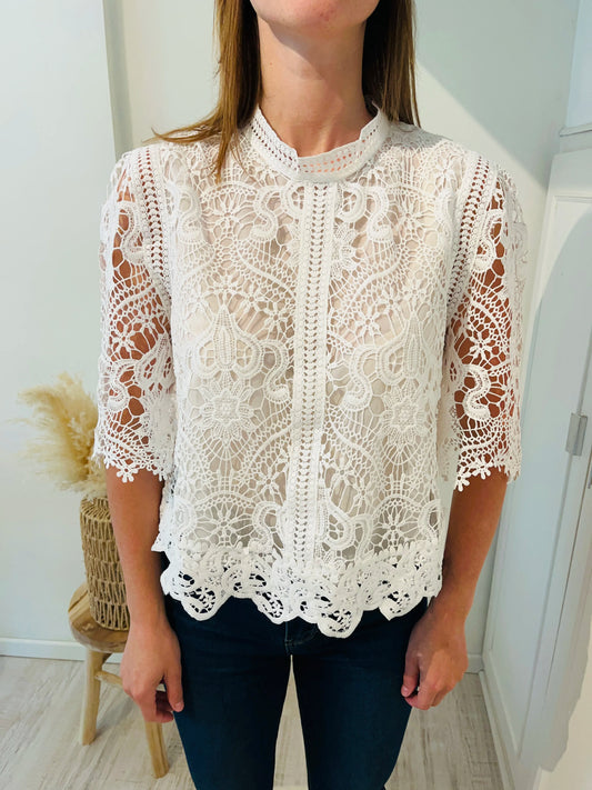 Blouse en dentelle guipure blanche