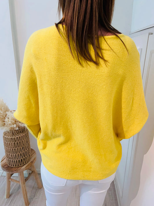 Pull cachemire jaune manches chauve-souris