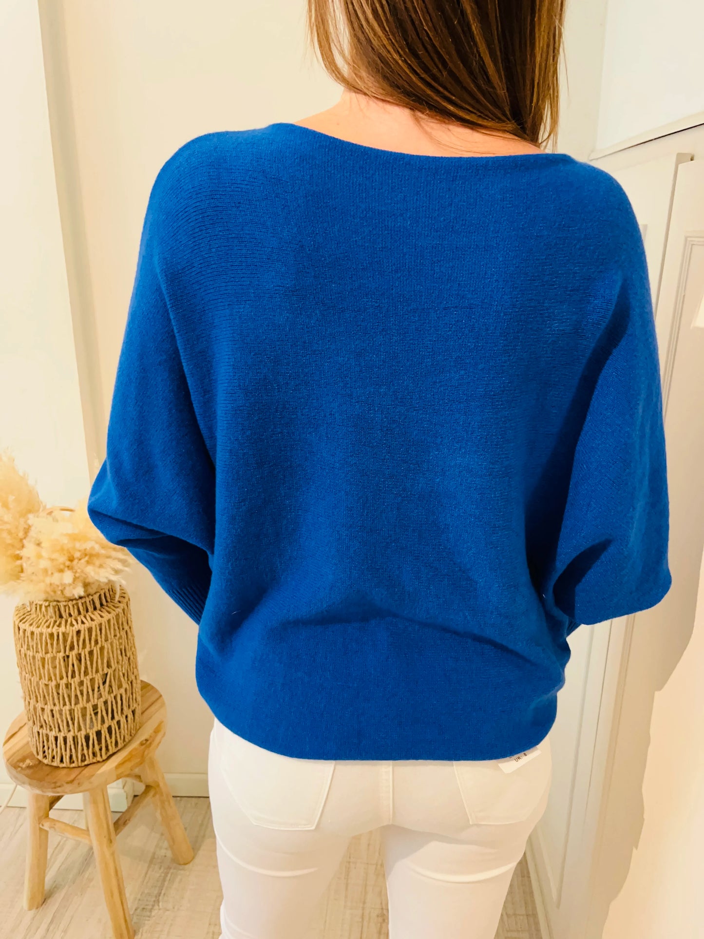 Pull cachemire bleu manches chauve-souris