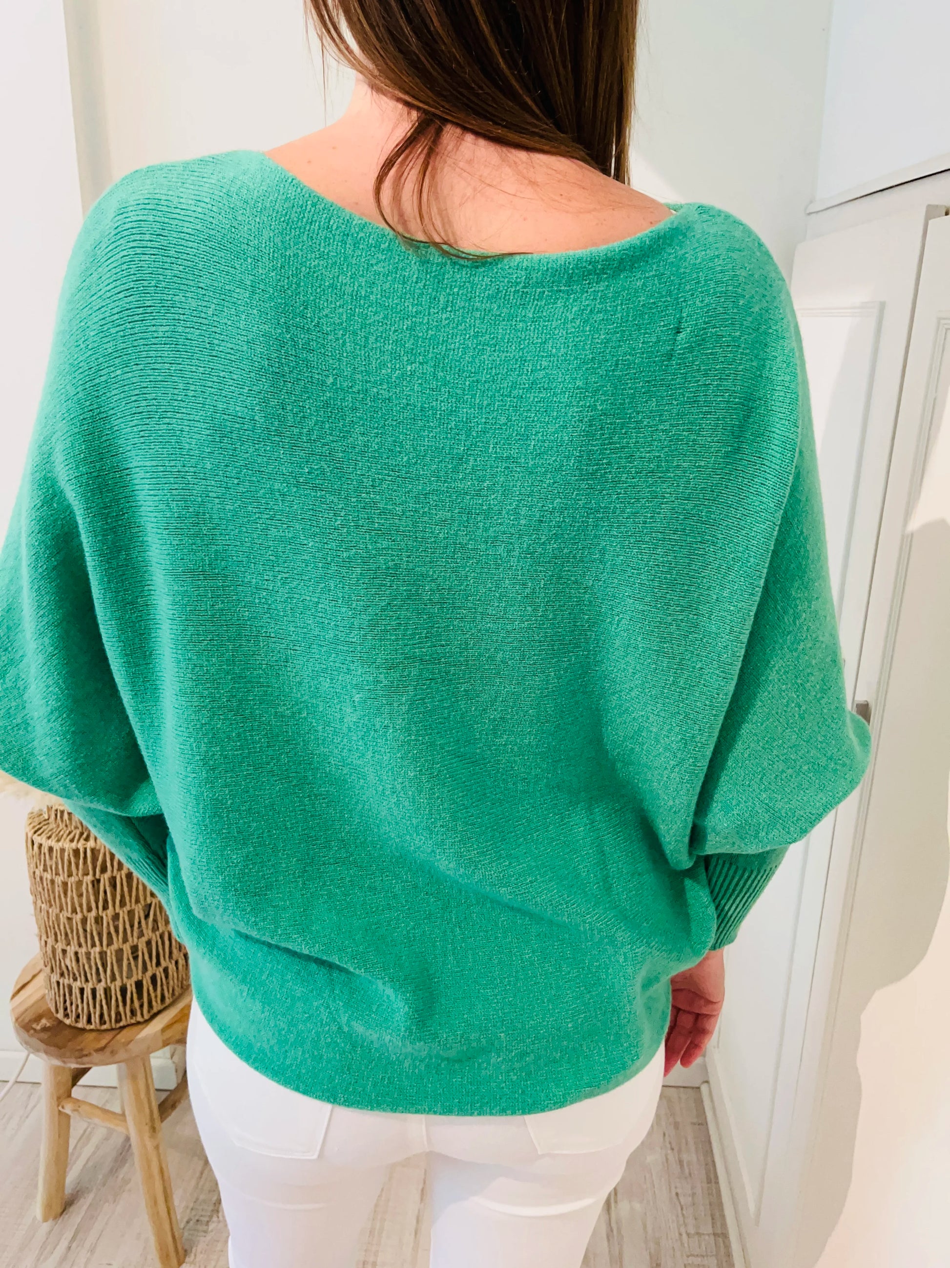 Pull cachemire vert manches chauve-souris