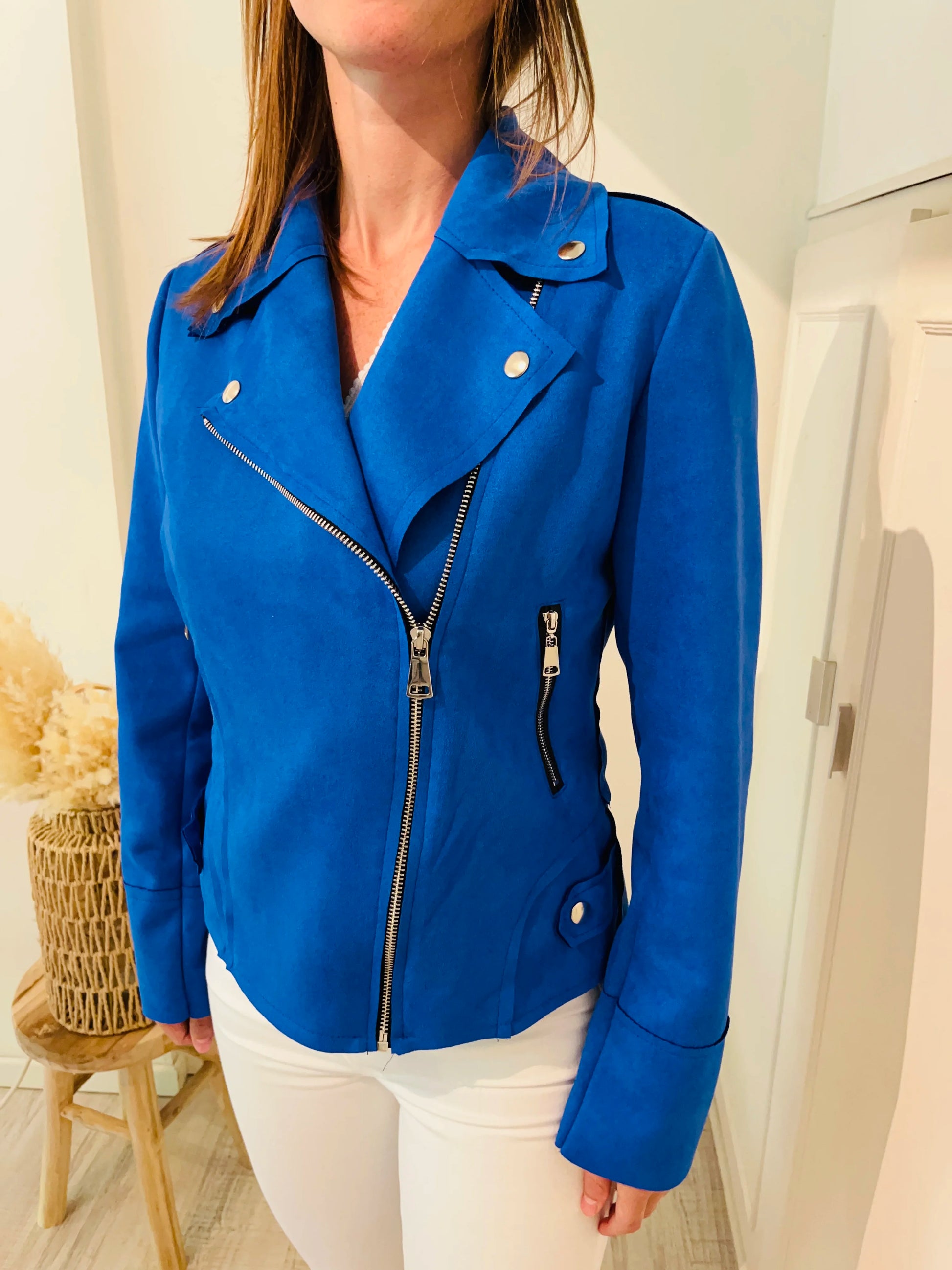 Veste perfecto en suédine bleue