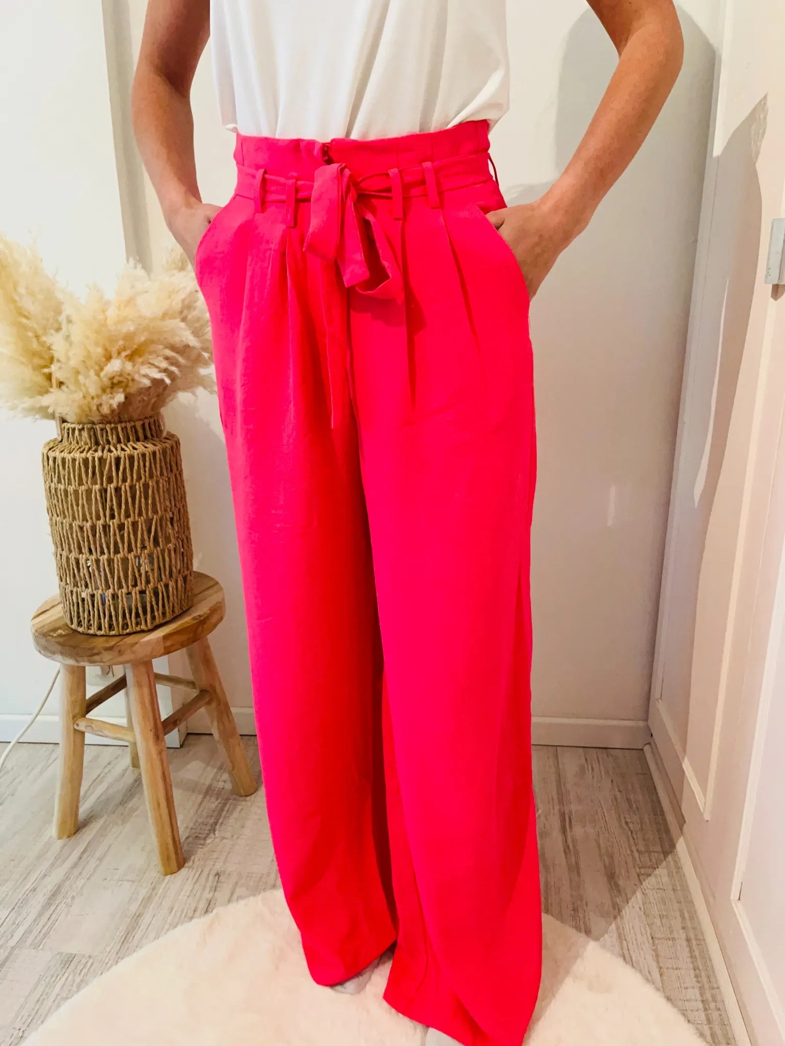 Pantalon paperbag fluide rose