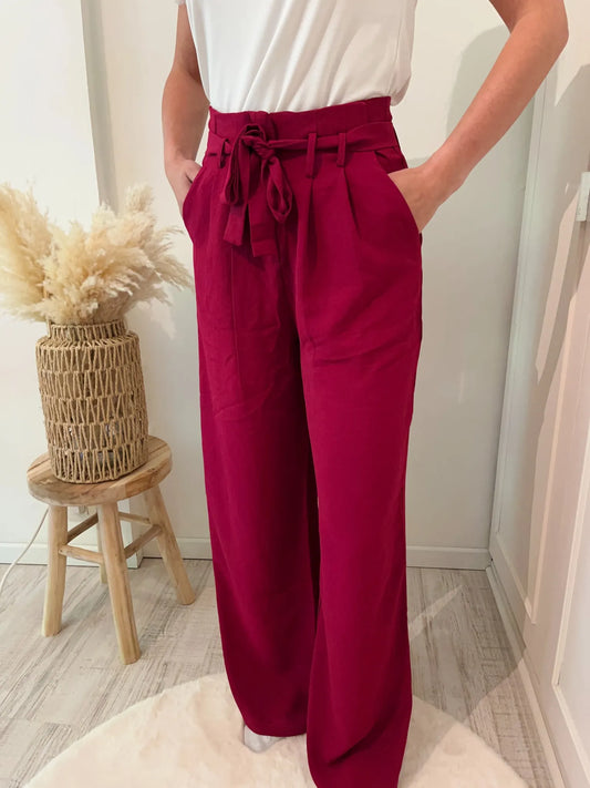Pantalon paperbag fluide prune 