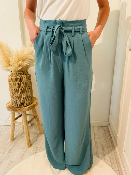 Pantalon paperbag fluide céladon 