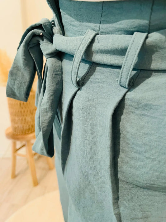 Pantalon paperbag fluide céladon 