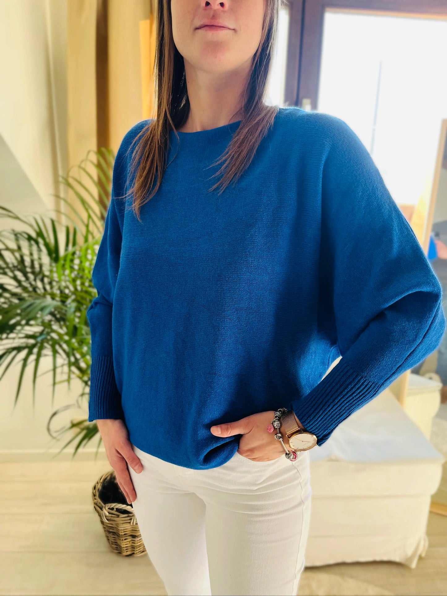 Pull bleu manches chauve-souris cachemire