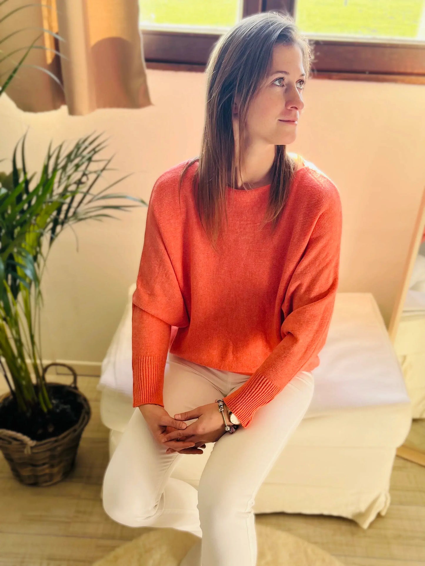 Pull corail manches chauve-souris cachemire
