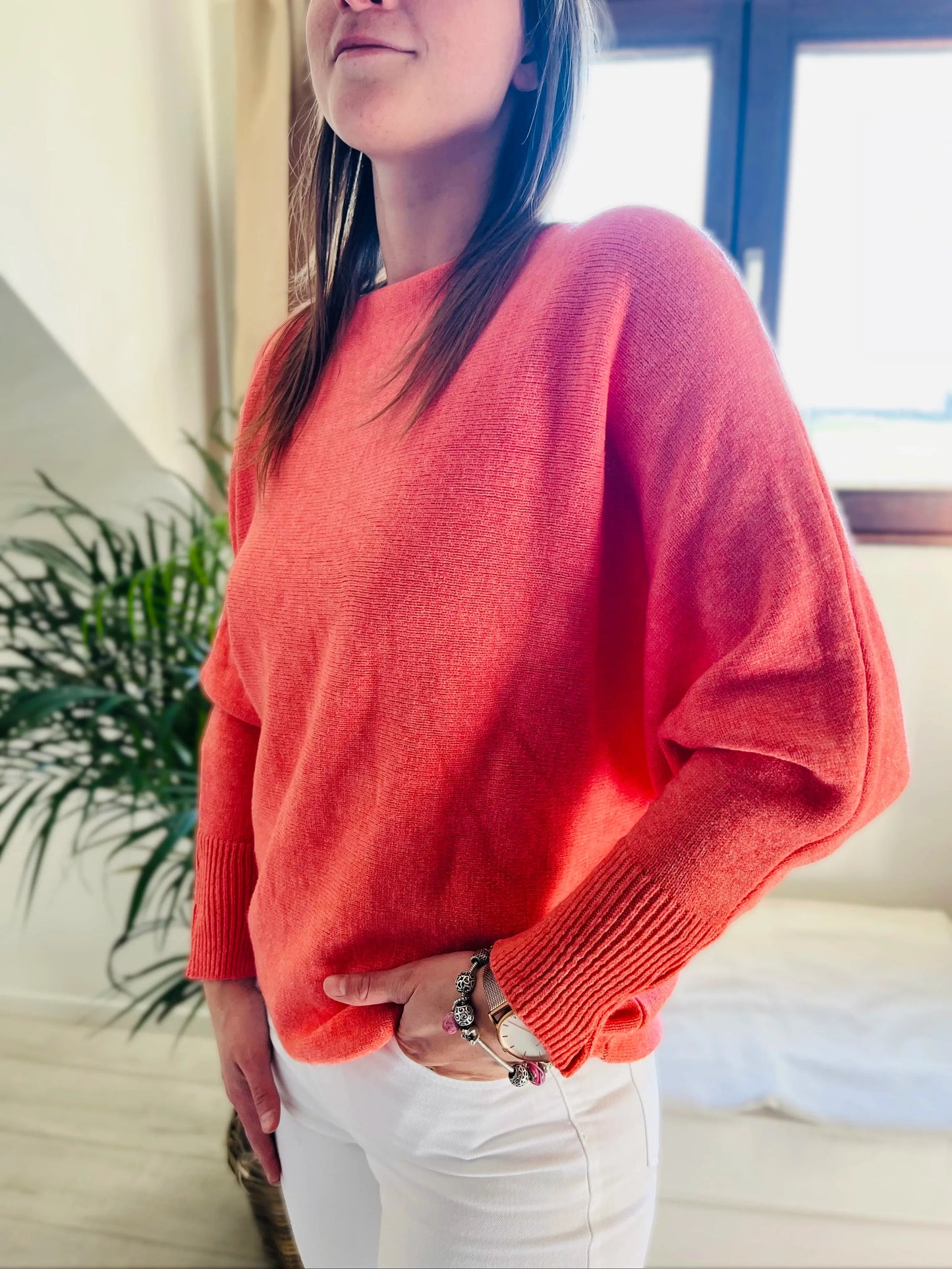 Pull corail manches chauve-souris cachemire