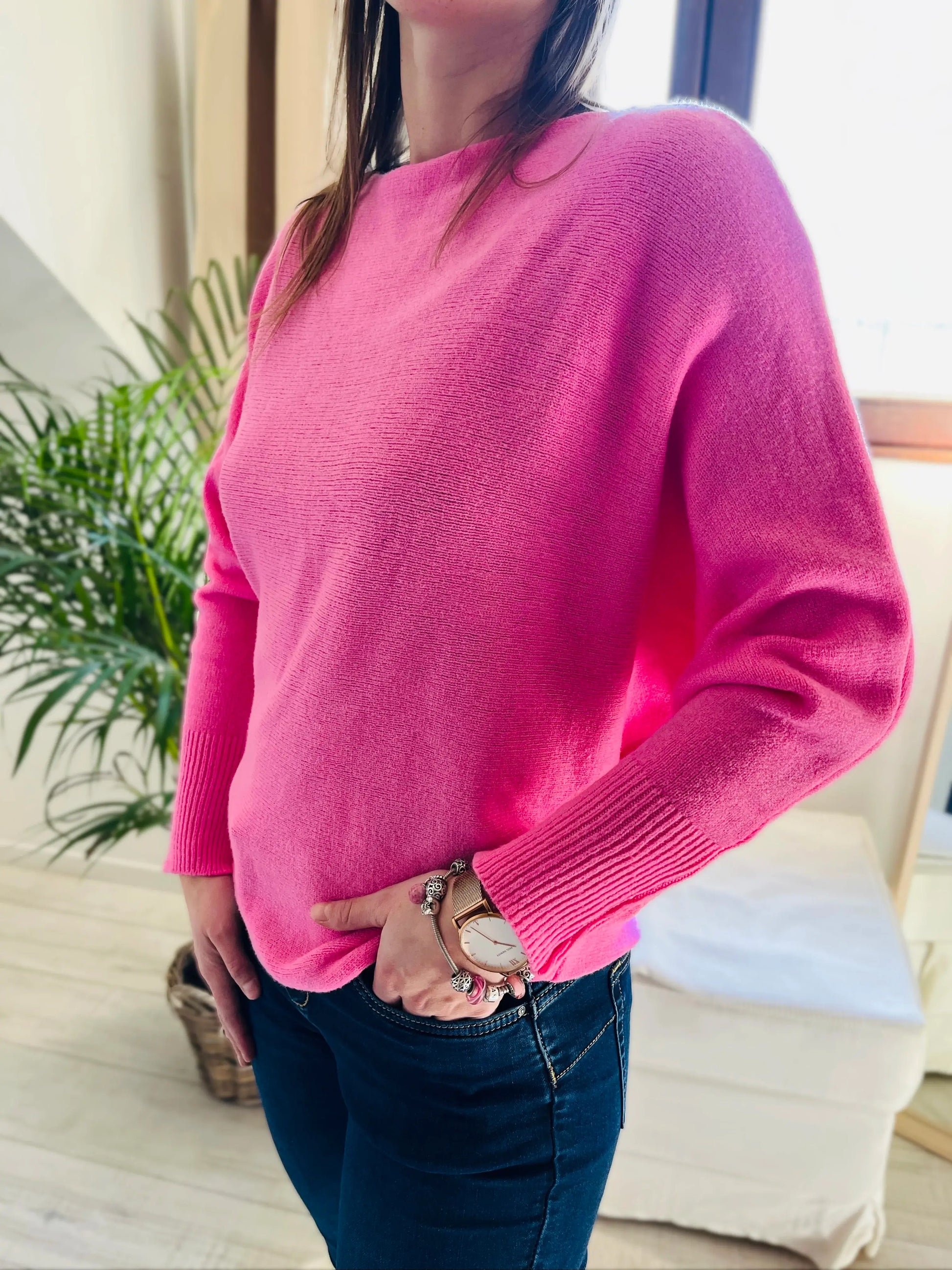 Pull fushia manches chauve-souris cachemire