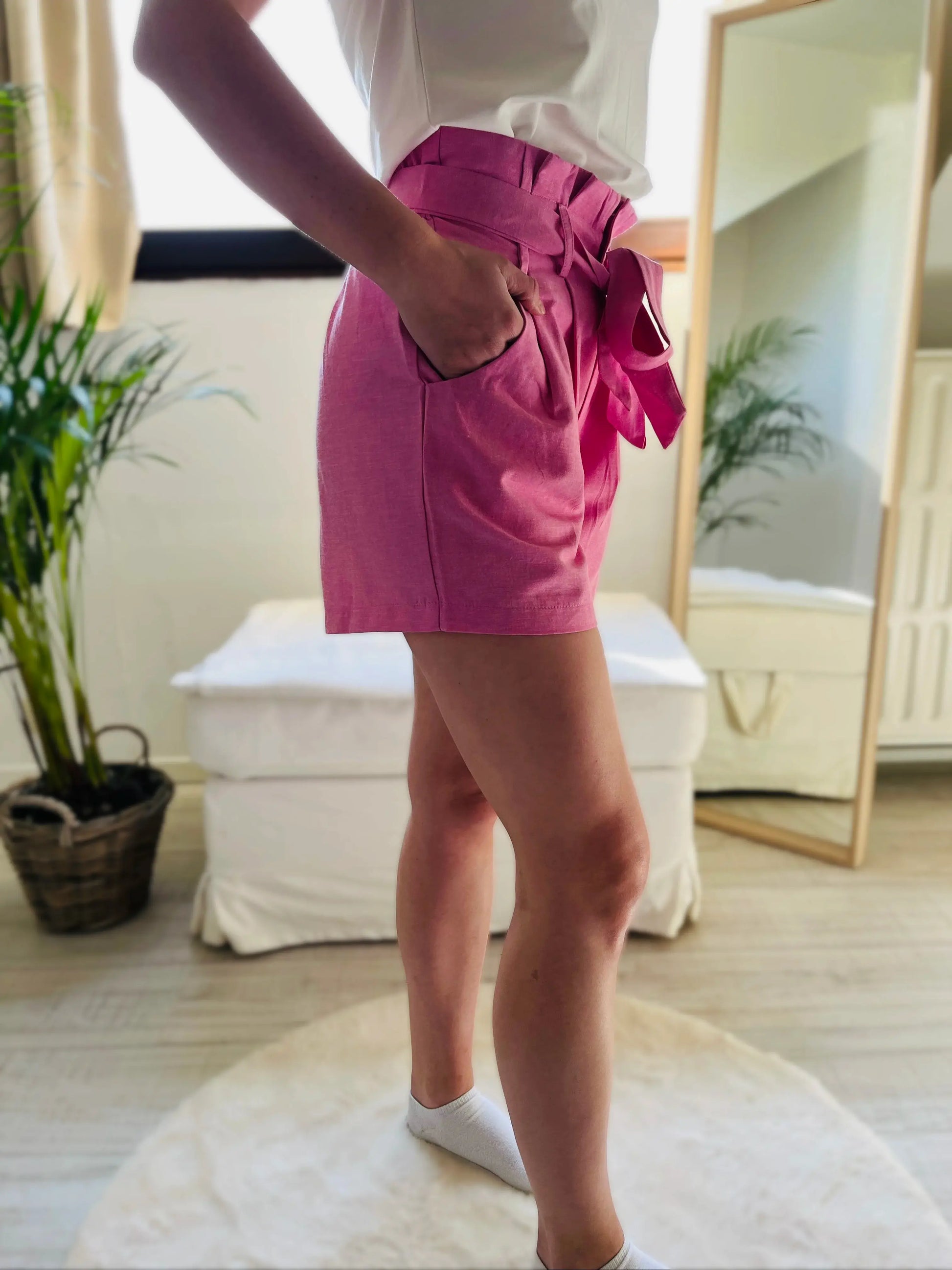 Short paperbag rose en coton